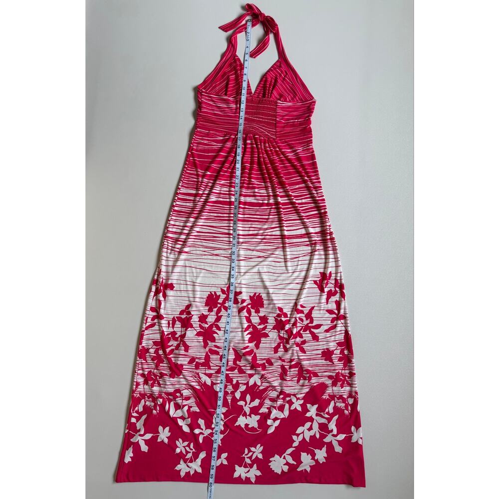New BCBGMaxazria Women's Red White Floral Pleate Bodice Maxi Halter Dress Size L - Picture 8 of 12